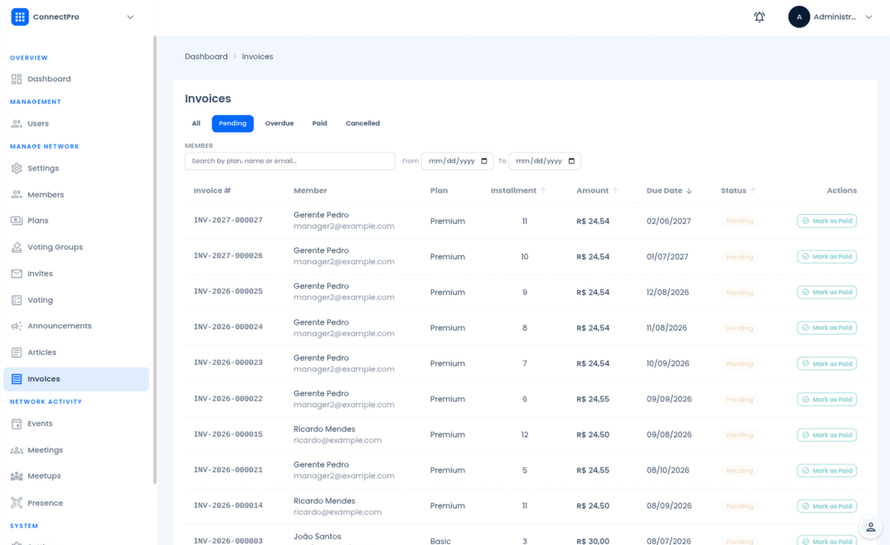 Randel invoices list with status filters and payment actions