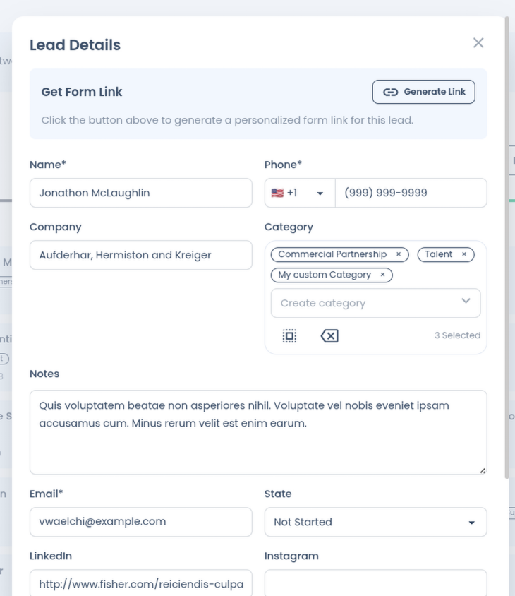 Randel lead form with prospect details filled in
